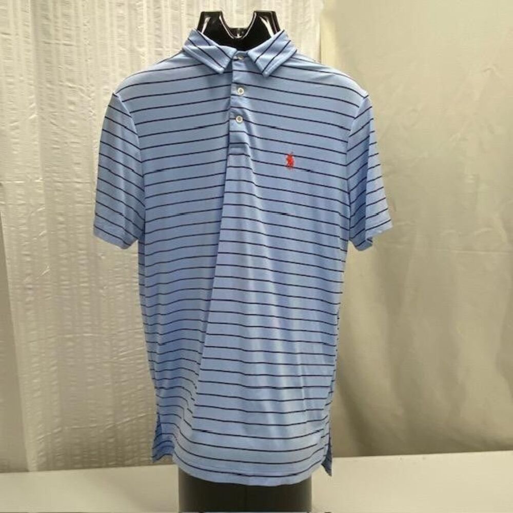 Polo Ralph Lauren Performance Polo Mens Small Blue Stripe Orange Pony Golf(397-4